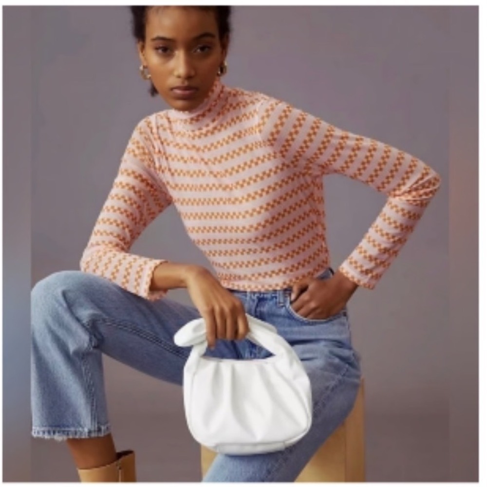 Maeve Anthropologie Orange Pink Checkered Mesh Turtlenecks sheer Top small